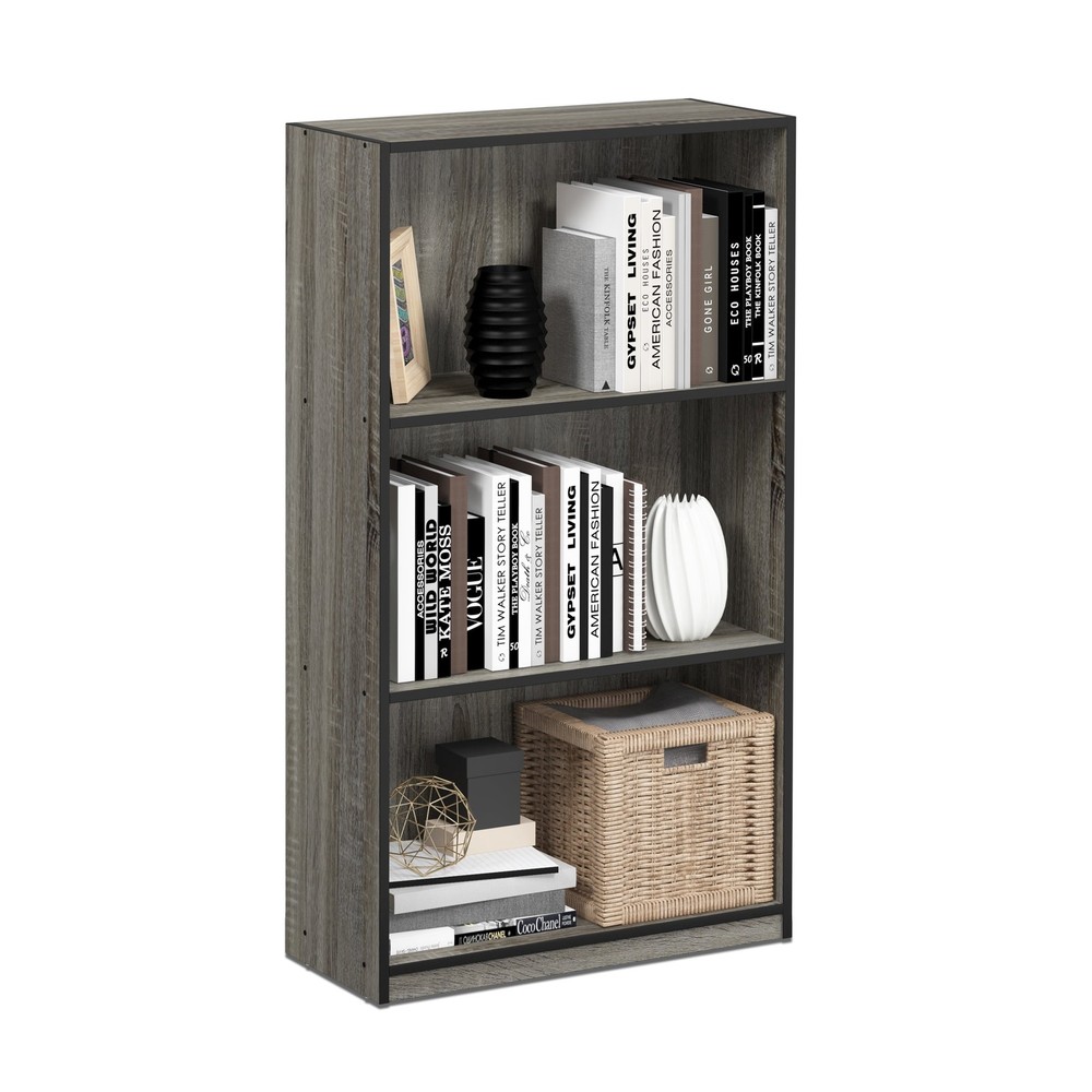Basic 3-Tier Bookcase Storage Shelves French Oak Grey/Black