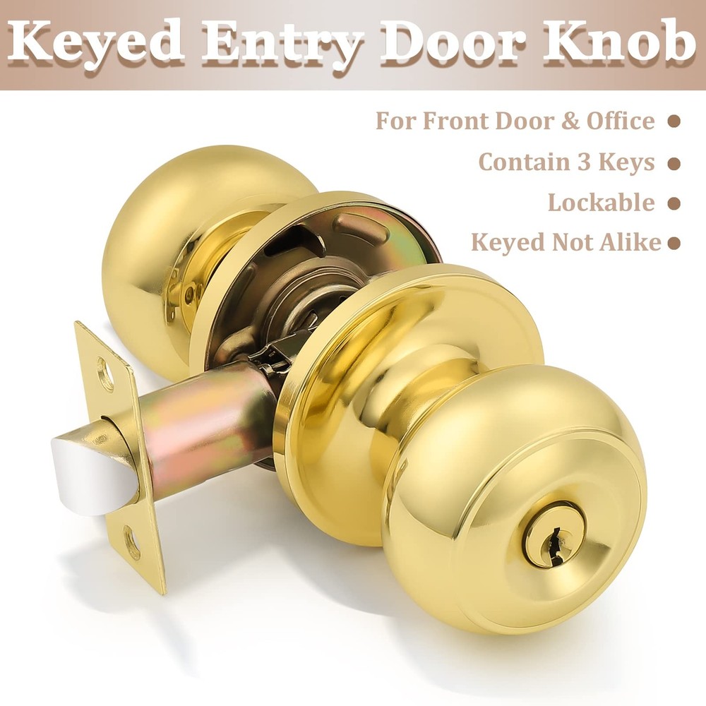 Probrico 2 Pack Entrance Door Knobs Lock Keyed Not 2, Polished Brass
