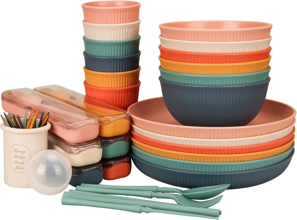 66 Pc MultiColor Plastic Dinnerware & Cutlery Set Microwave Safe