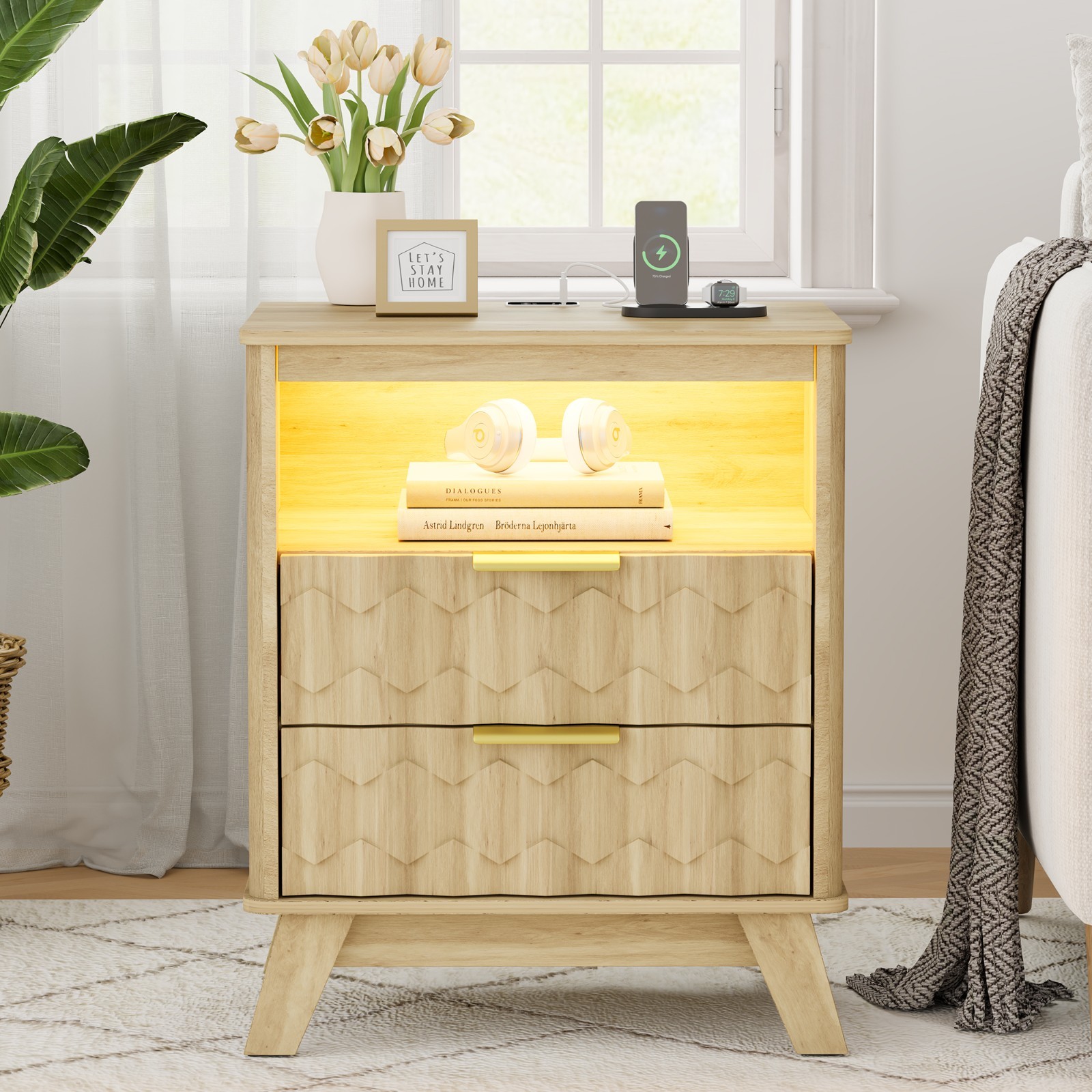 Gurexl LED Nightstand - with Auto Sensor, Natural Night Stand with 3 Color Light