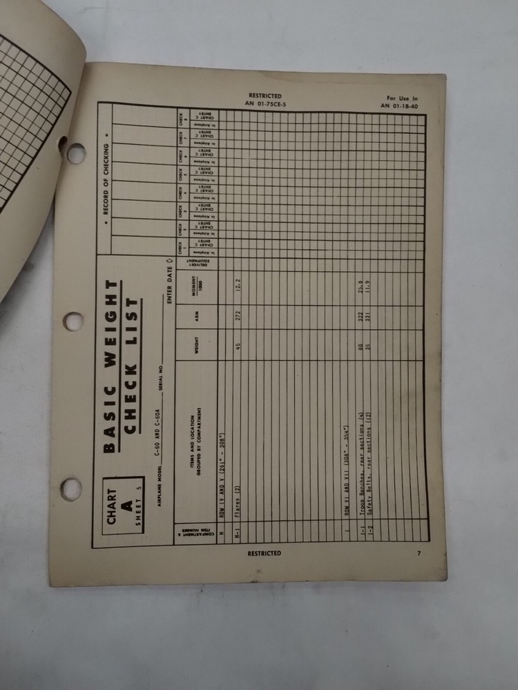 Lockheed C-60/C-60A/R50-4/5/6/ Lodestar II Basic Weight Checklist Loading Data