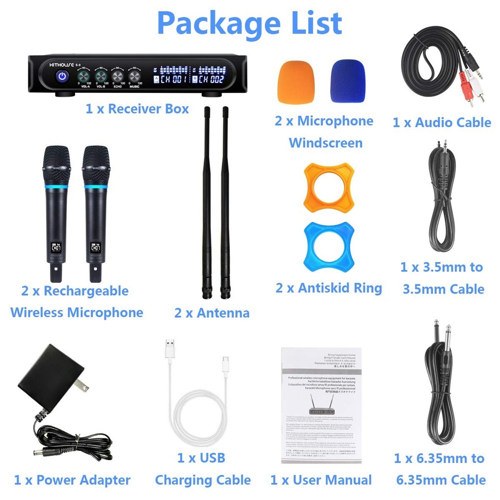 S9 UHF Rechargeable Wireless Microphone System Karaoke Mic Dual Handheld