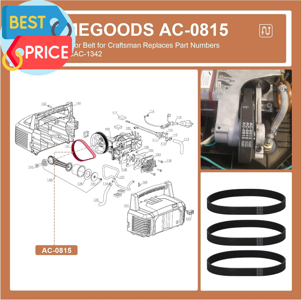 3 Pack AC-0815 Air Compressor Belt for Devilbiss Porter Cable Sear...