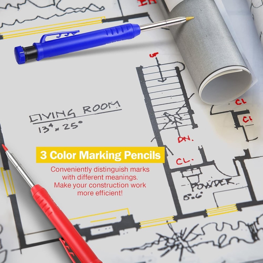 Professional Mechanic Carpenter Pencil 3-Pack with 21 Refill Options & Sharpener