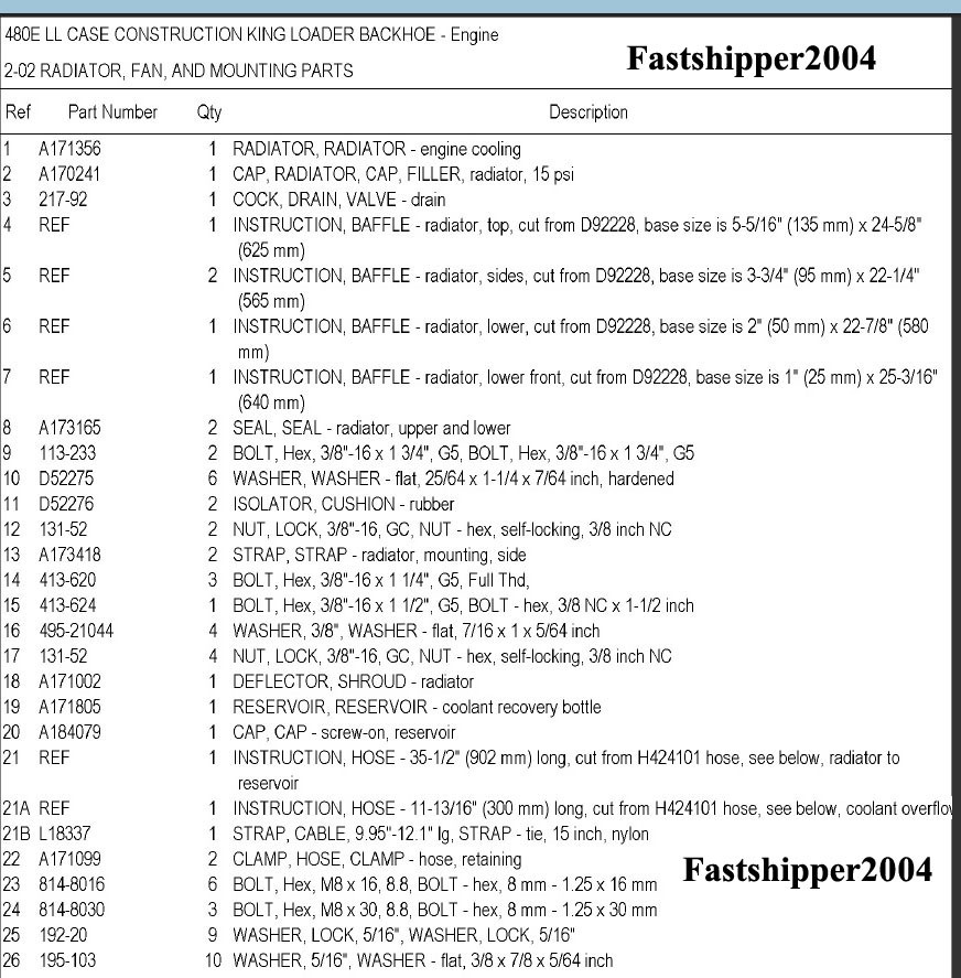 Case 480 E LL 480E 480ELL Backhoe Loader Parts Catalog Manual Construction King