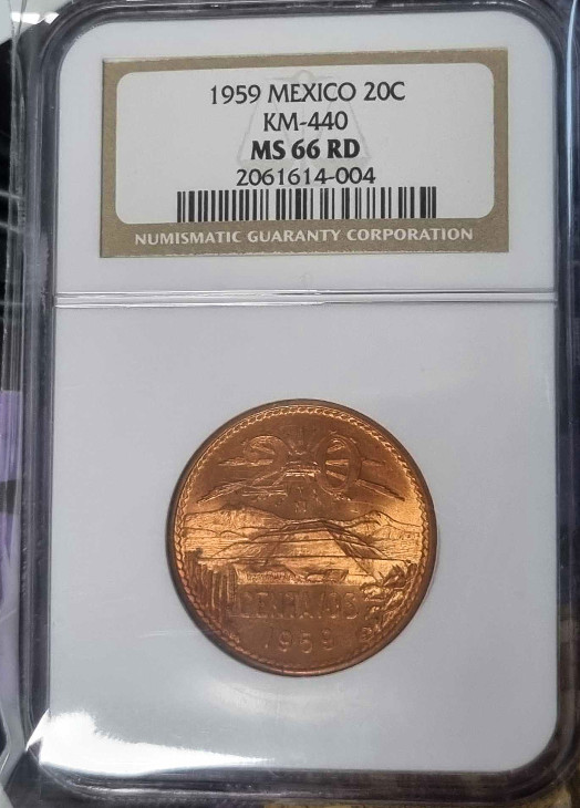 MEXICO 1959-Mo 20 Centavos, NGC MS66RD,  Key Date!