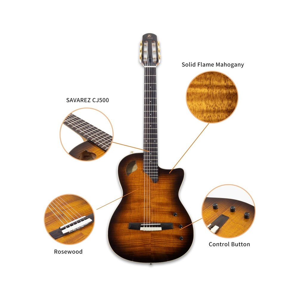 TARIO Silent Classical Guitar, Solid Flame Mahogany top Solid Mahogany Body, ...