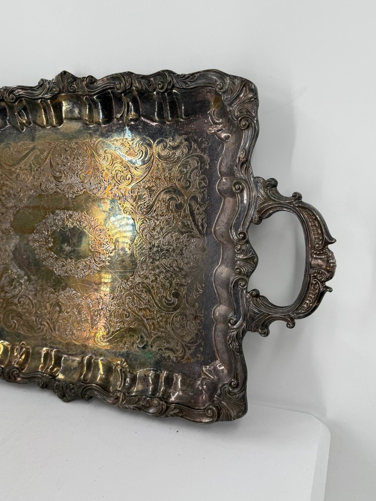 Vintage Silver Plated Copper Silver On Copper Ornate Engraved Serving Tray-25"