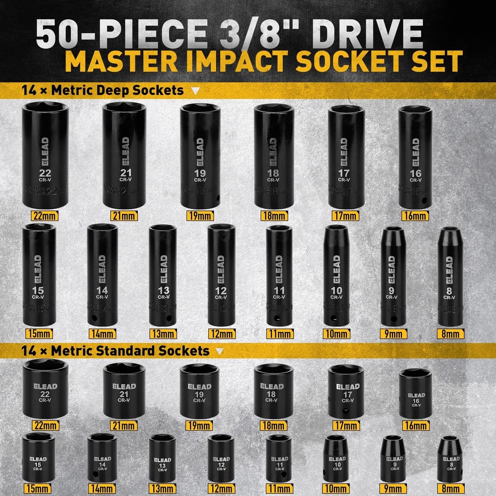 3/8'' Drive Impact Socket Set - 50-Piece Shallow & Deep Socket Set Metric and...