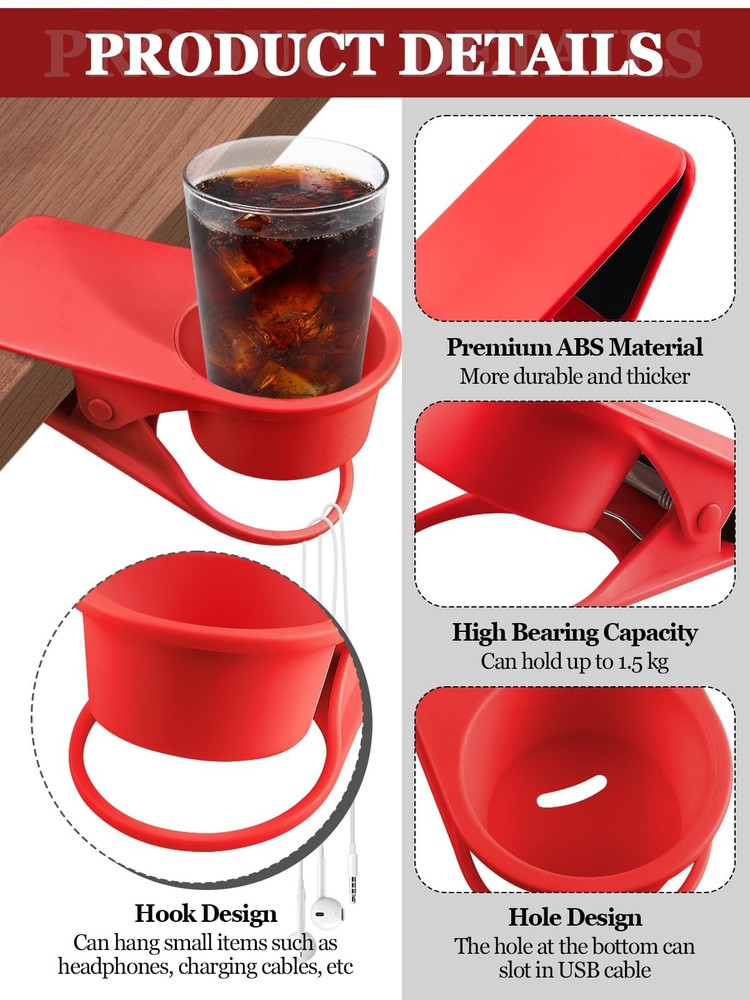 2-Pack Table Edge Cup Holder - Versatile Clip for Drinking Cups, Mugs & Bottl...