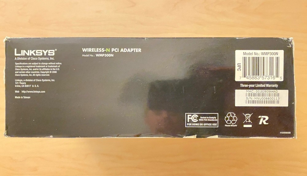 Linksys WMP300N Wireless‑N PCI Adapter With Box & Antenna Base (System Pull)