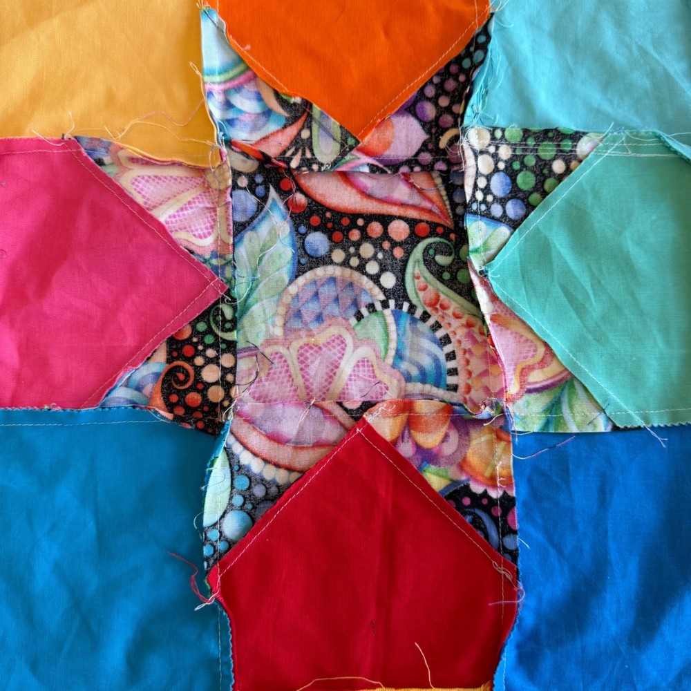 Handmade Rainbow Patchwork Quilt Top Psychedelic Star Applique 41x50 Black Trim