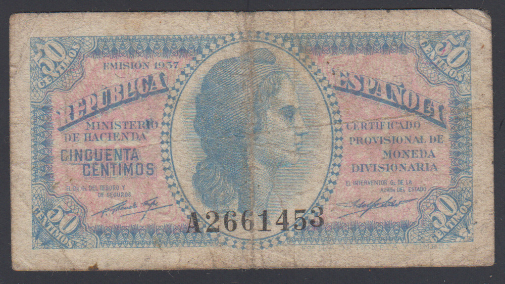 Spain 50 Centimos  1937  Fine  P. 93  Banknotes, Circulated