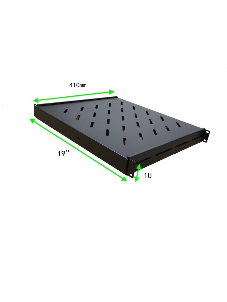 1U 19" Black 4-Post Vented Fixed Server Shelf Rack Mount, Adjustable 16in - 37in