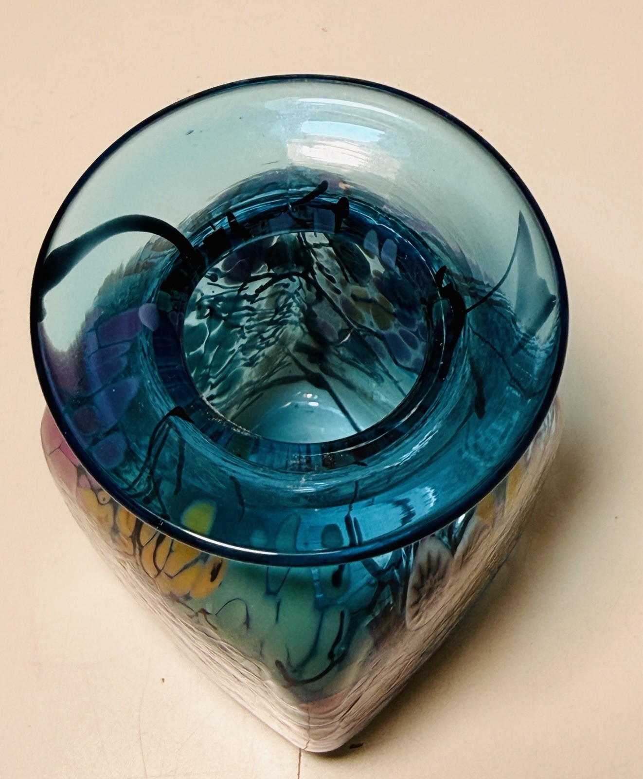 Herb A. Thomas Art Glass Hand Blown Blue Millefiori Floral Vase Signed HAT 4.5”