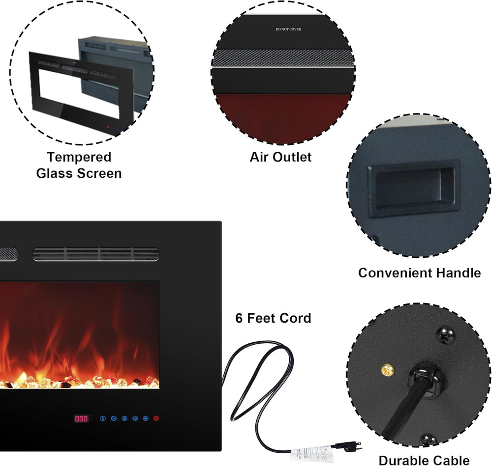 48" Electric Fireplace Insert, Wall Mounted, 13 Color Flames, Remote Control
