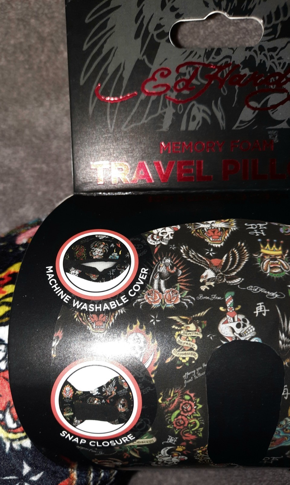 Ed Hardy Tattoo Print Neck Travel Pillow Memory Foam Removable Cover Microfiber