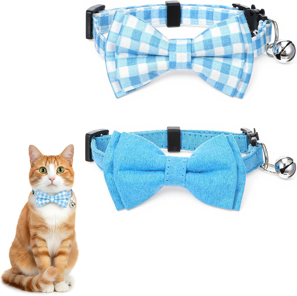 2pc Bow Tie Cat Collar with Bell Breakaway Blue Plaid & Solid Kitten Boy Set