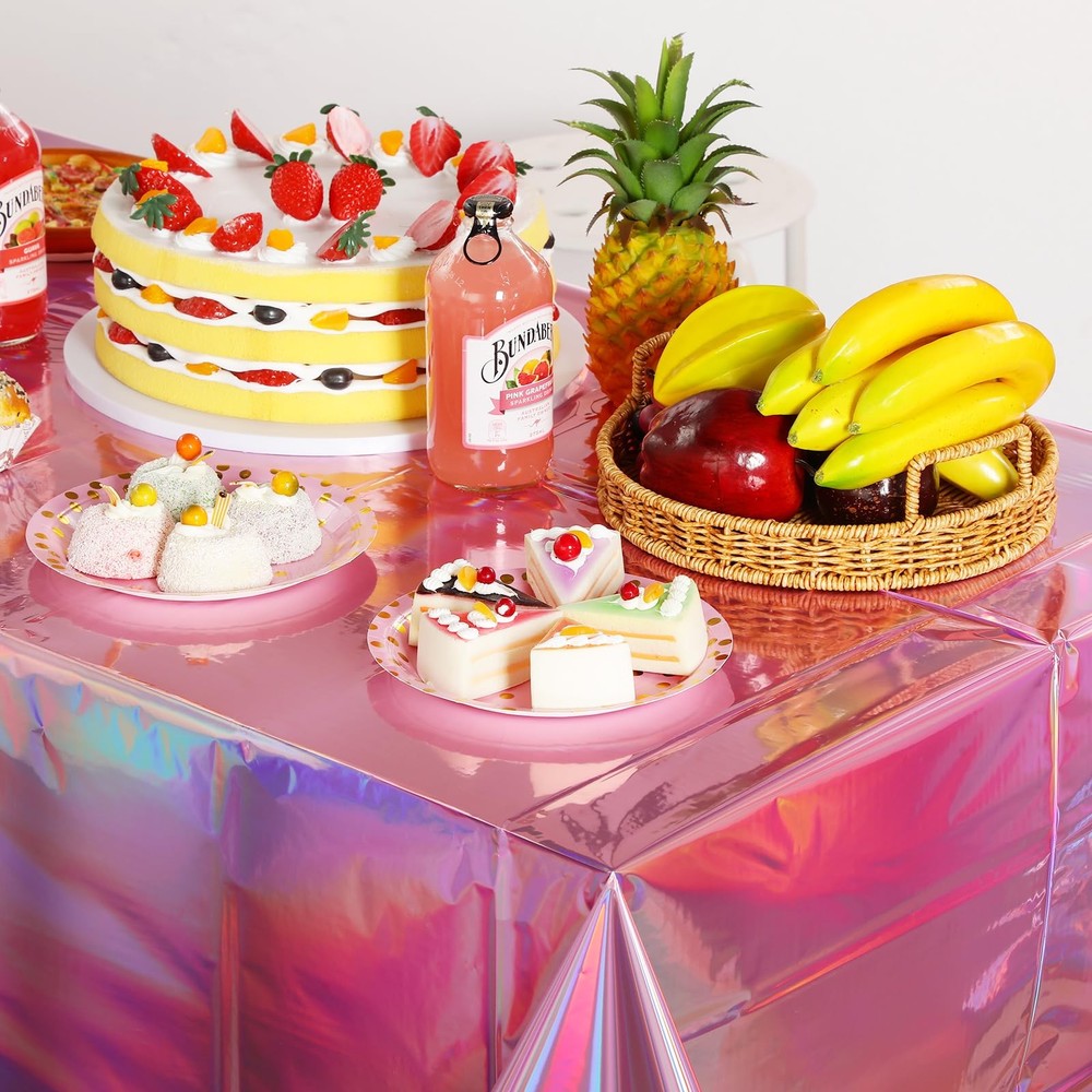 4 Pack Iridescent Pink Plastic Tablecloths, Shiny Disposable Laser Rectangle ...