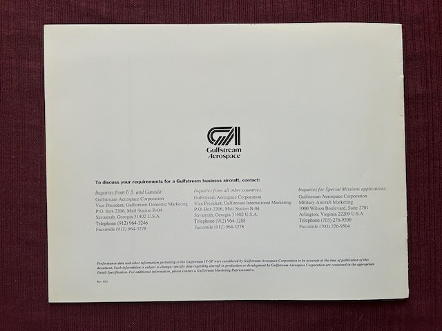 Gulfstream IV-SP Spec Summary 1992 Brochure