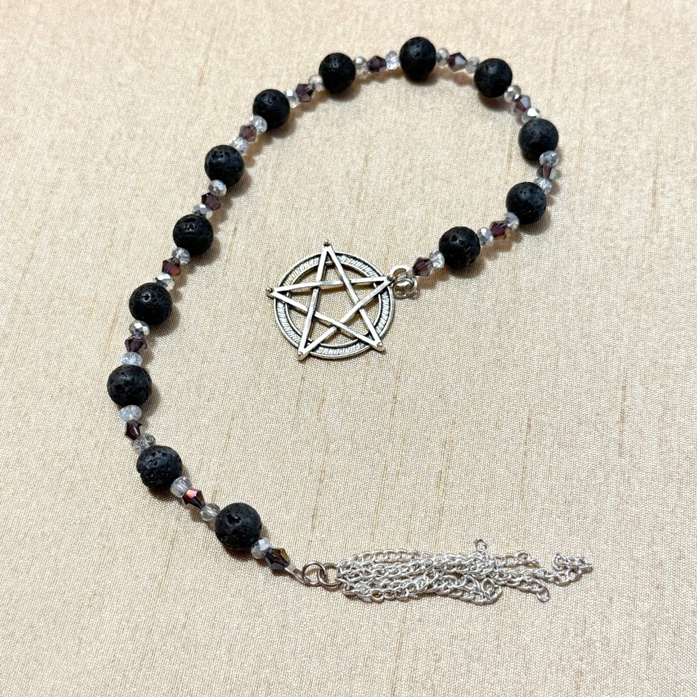 Black Lava Stone Pentacle Gemstone Beaded Pendulum - Handmade Divination Tarot