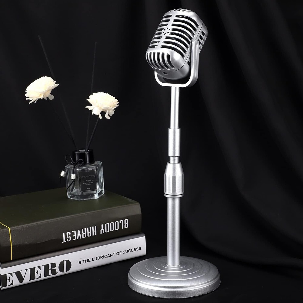 Imitation Metallic Vintage Microphone Decor with Adjustable Stand - Silver Style