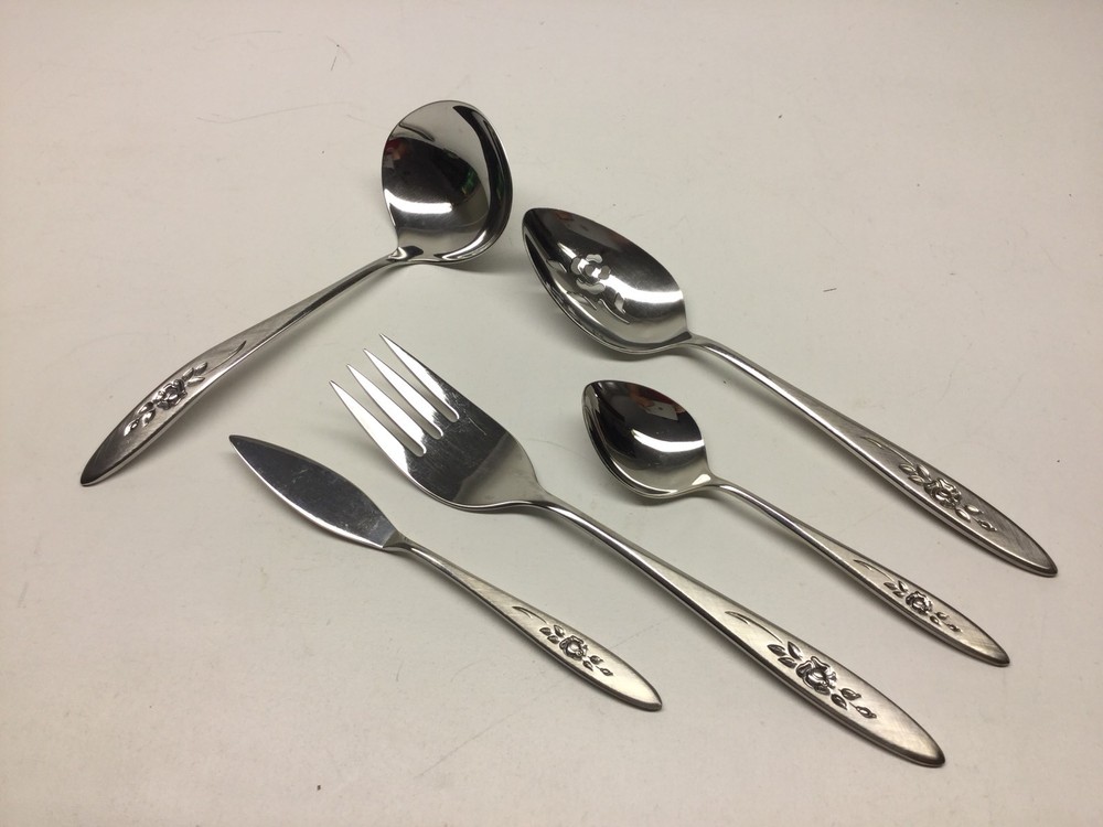 5 Piece Oneida Rose Shadow Stainless Flatware Pierced Fork Meat Fork Etc.