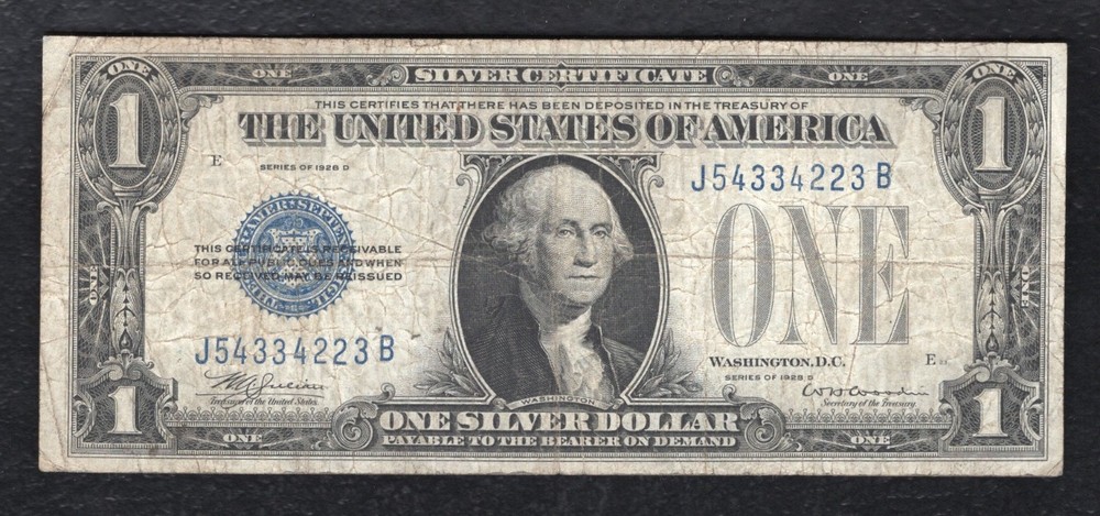 FR. 1604 1928-D $1 “FUNNYBACK” SILVER CERTIFICATE NOTE “J-B BLOCK”