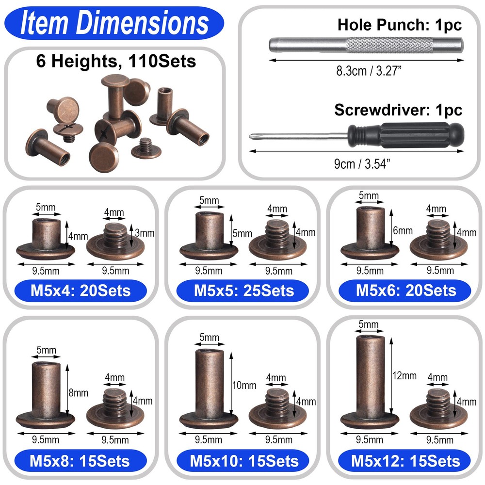 110Sets Chicago Screws Leather Rivets Assorted Screw Rivets Chicago Binding S...