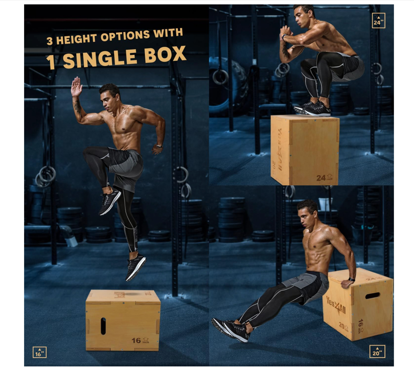 Yes4All 3 in 1 Wooden Plyo Box 24" x 20" x 16" Holds Up to 450lbs for Gym - New