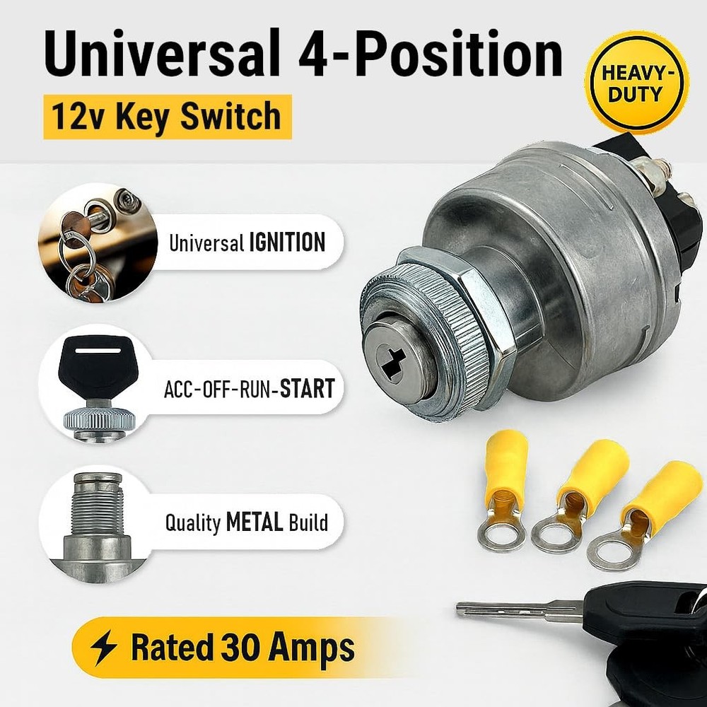 MGI SpeedWare 4-Position Universal Ignition Key Switch for 12V Car, Silver