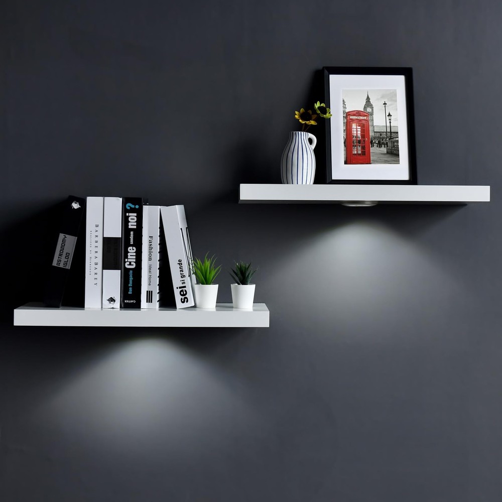 White Floating Shelf with Touch-Sensing Battery Powered LED Light,Wall Mounte...