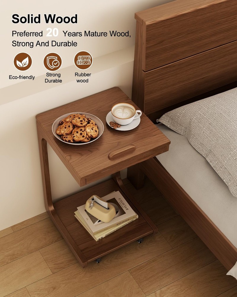 Wooden C-Shaped End Table,Couch Table with Adjustable Desktop,Small Rolling S...