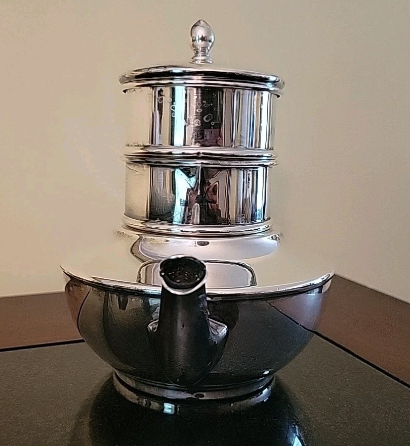 Vintage Friedman Silver Co. Silver Plated Tea Pot Stackable Cups Wood Handle
