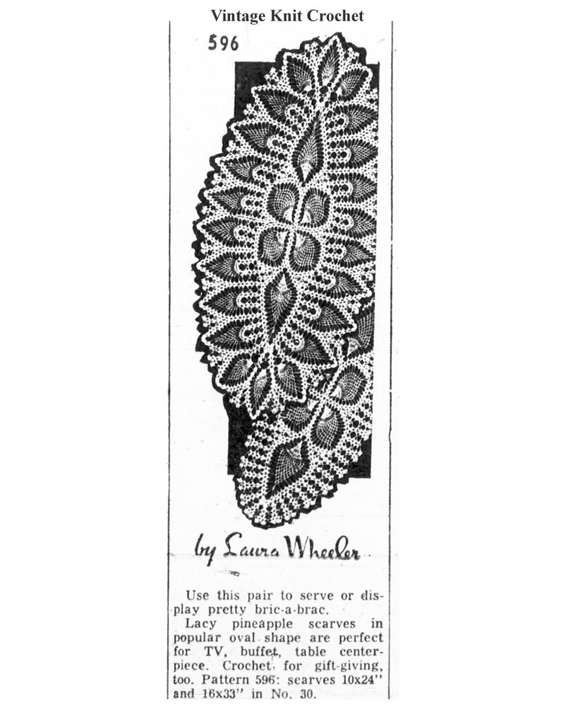 Vtg Crochet Pineapple Doily Runner Mats Pattern, Mail Order Design 596, LW