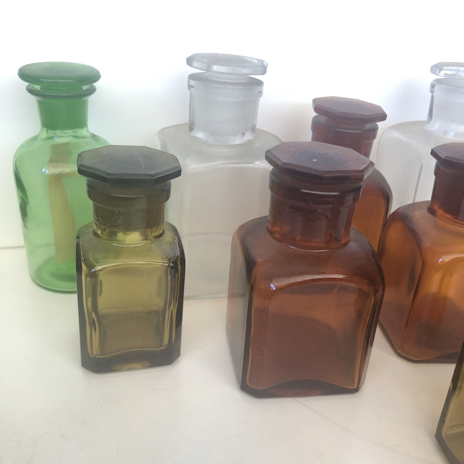 Eight Vintage Glass Reagent Science Chemistry Bottles Laboratory Wide Neck
