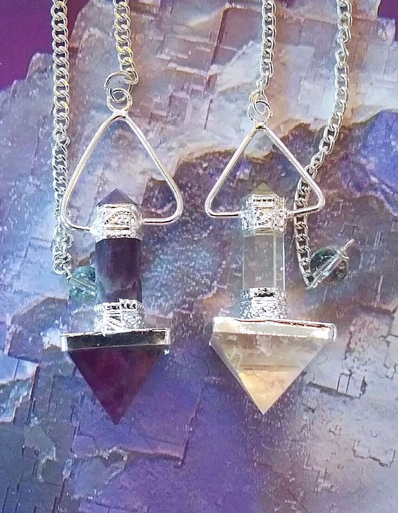 2 DOWSING PENDULUMS, AMETHYST PYRAMID PENDULUM AND CRYSTAL PYRAMID PENDULUM