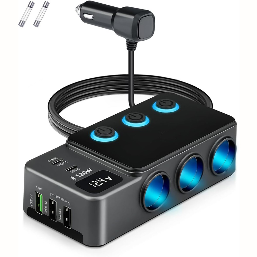 3 Way Car Cigarette Lighter Socket Splitter USB Fast Charger Power Adapter 12V