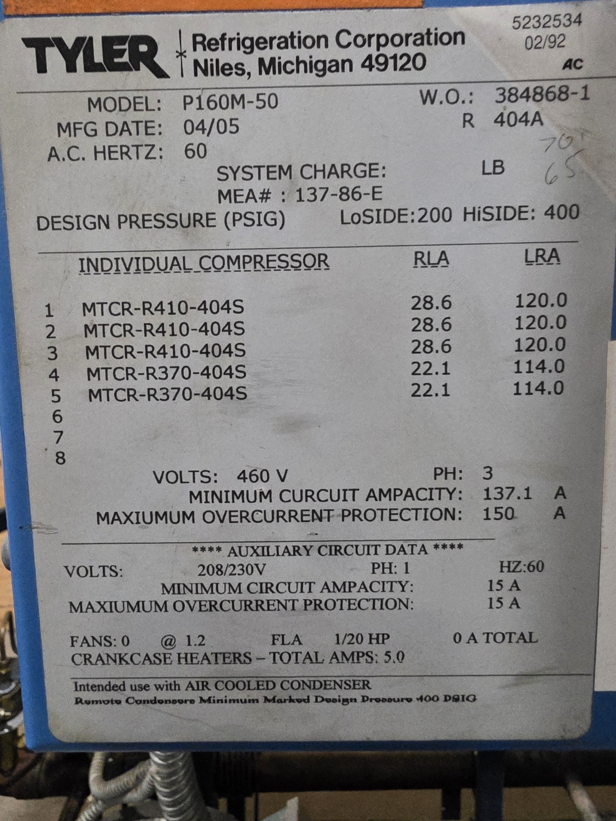 Tyler/Carrier 65 HP Refrigeration Compressor Rack Med Temp Cooler R404A R448/449