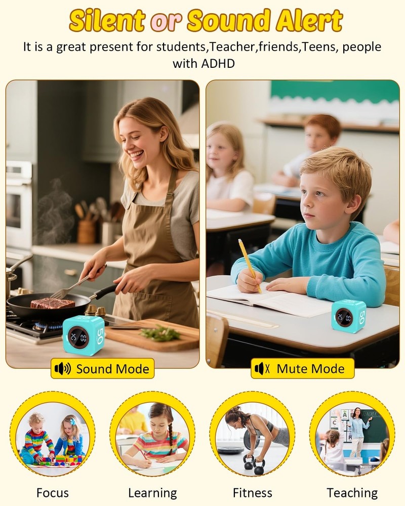 Digital Pomodoro Timer Cube 5/10/25/50min, Visual Productivity Flip Timer for...