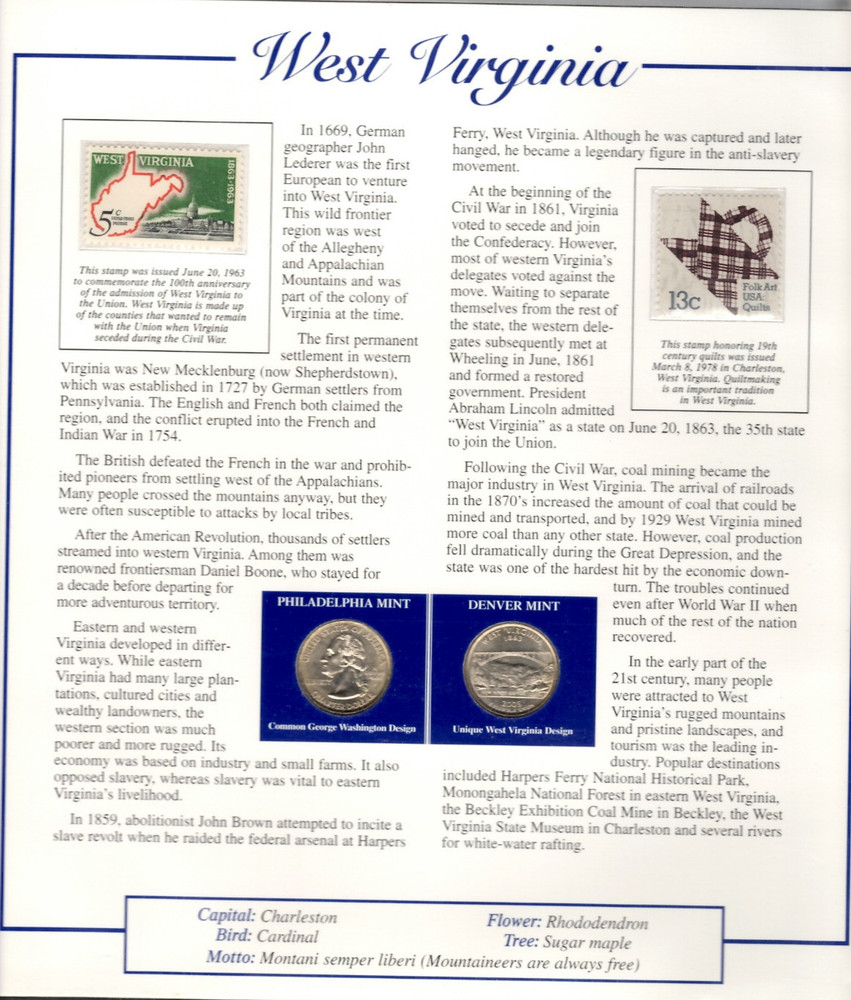 West Virginia Quarters P&D 2005 (Postal Panel Collection) PCS