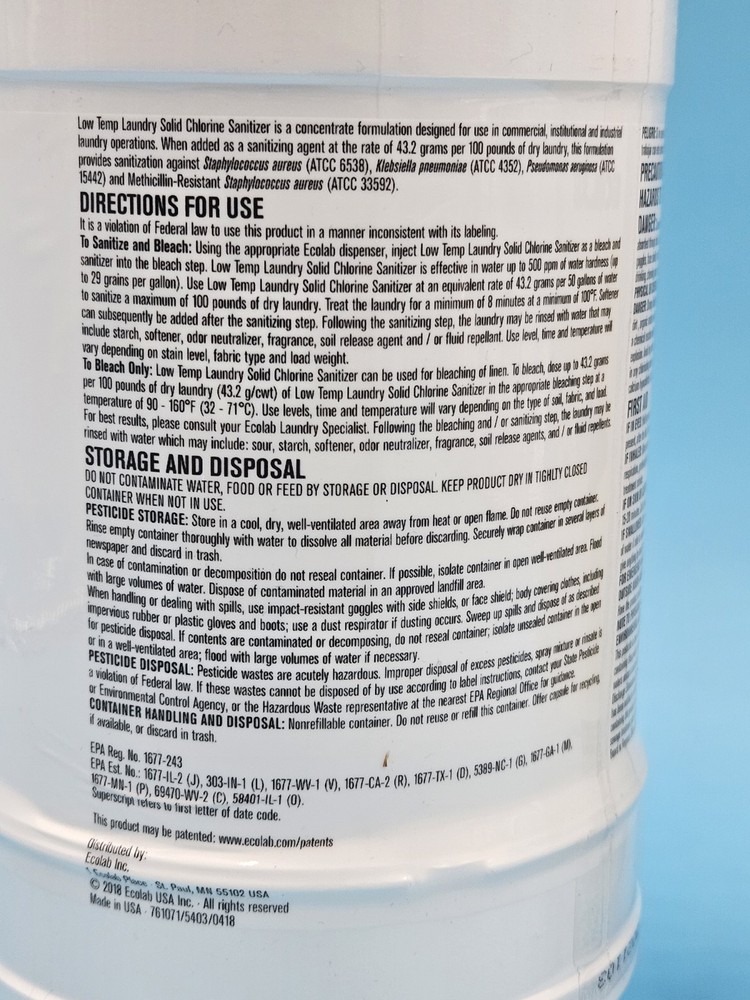 2 Pack Ecolab 6100975 Low Temp Laundry Solid Chlorine Sanitizer 4 Lbs Each