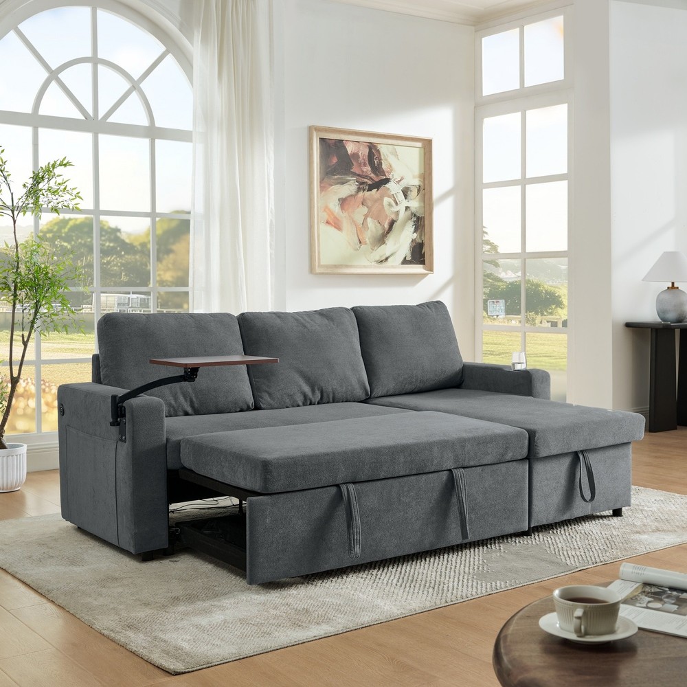 Convertible Sleeper Sofa Bed with Pull Out Bed & LED Lights & USB Charging Ports