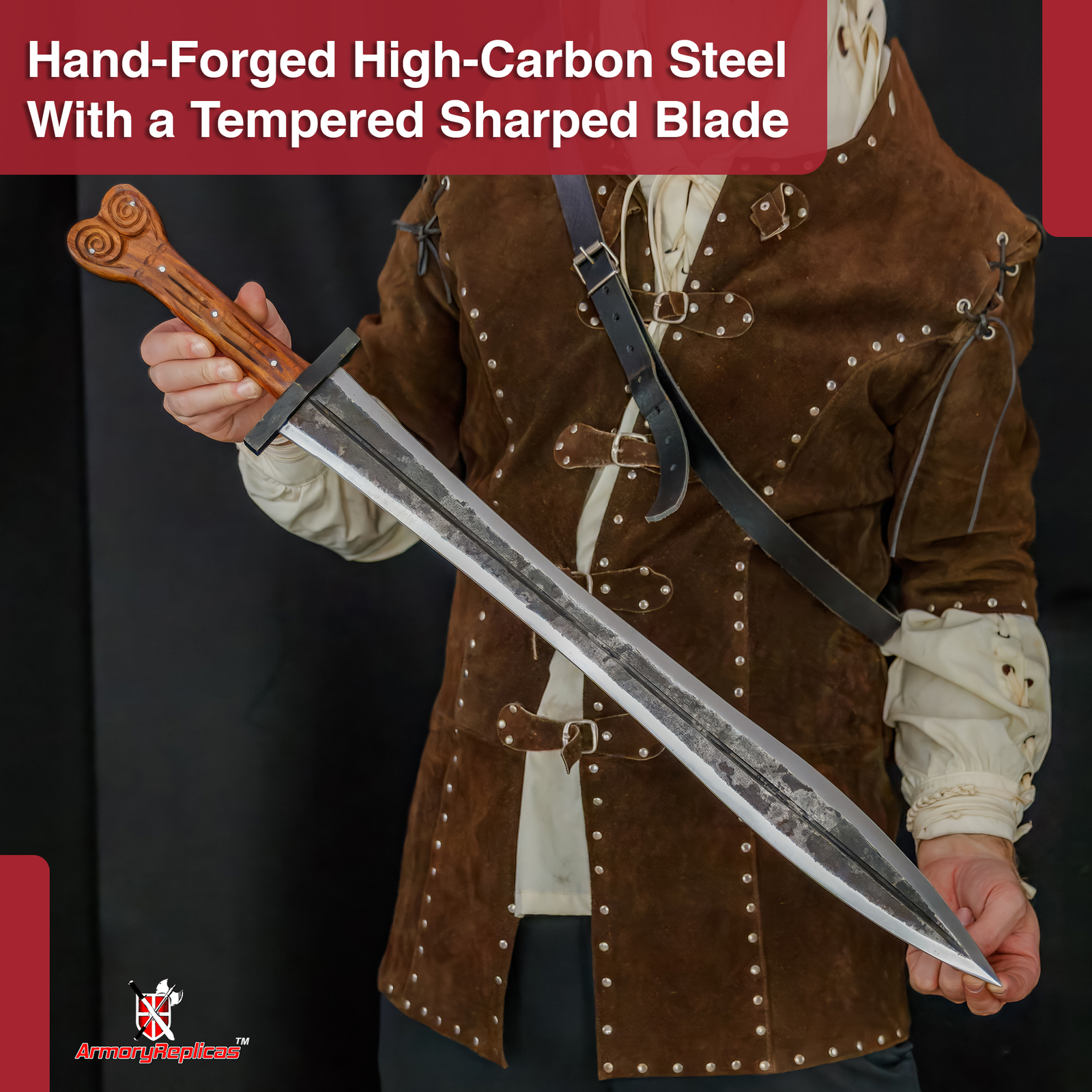 Authentic Greek Xiphos Sword Full Tang with Leather Sheath, for Collectors