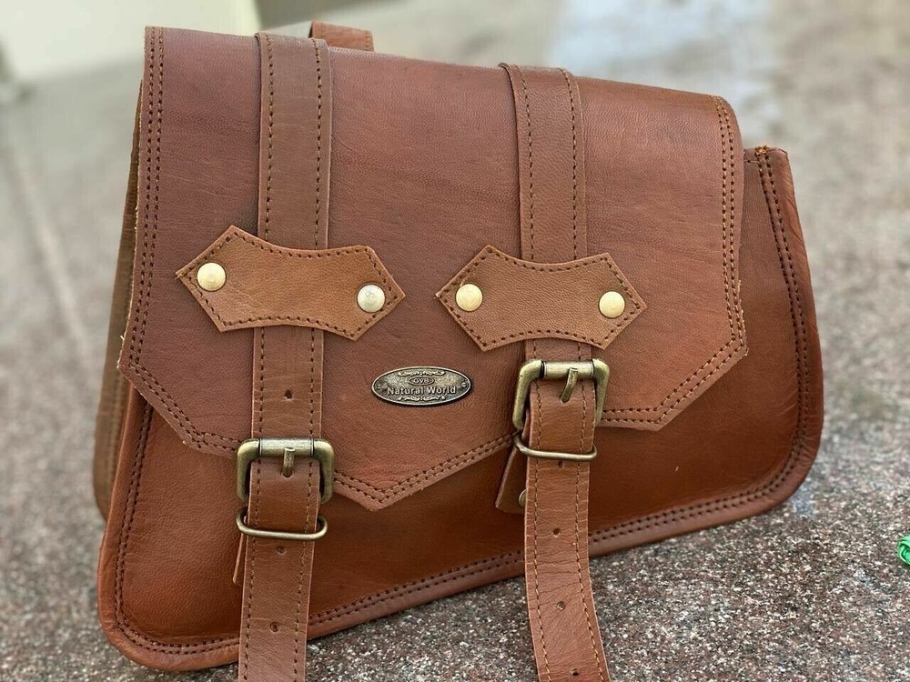 Real Leather 2 Saddle Bag Motorcycle Swing Arm Storage Pouch Front Fork Tool Bag