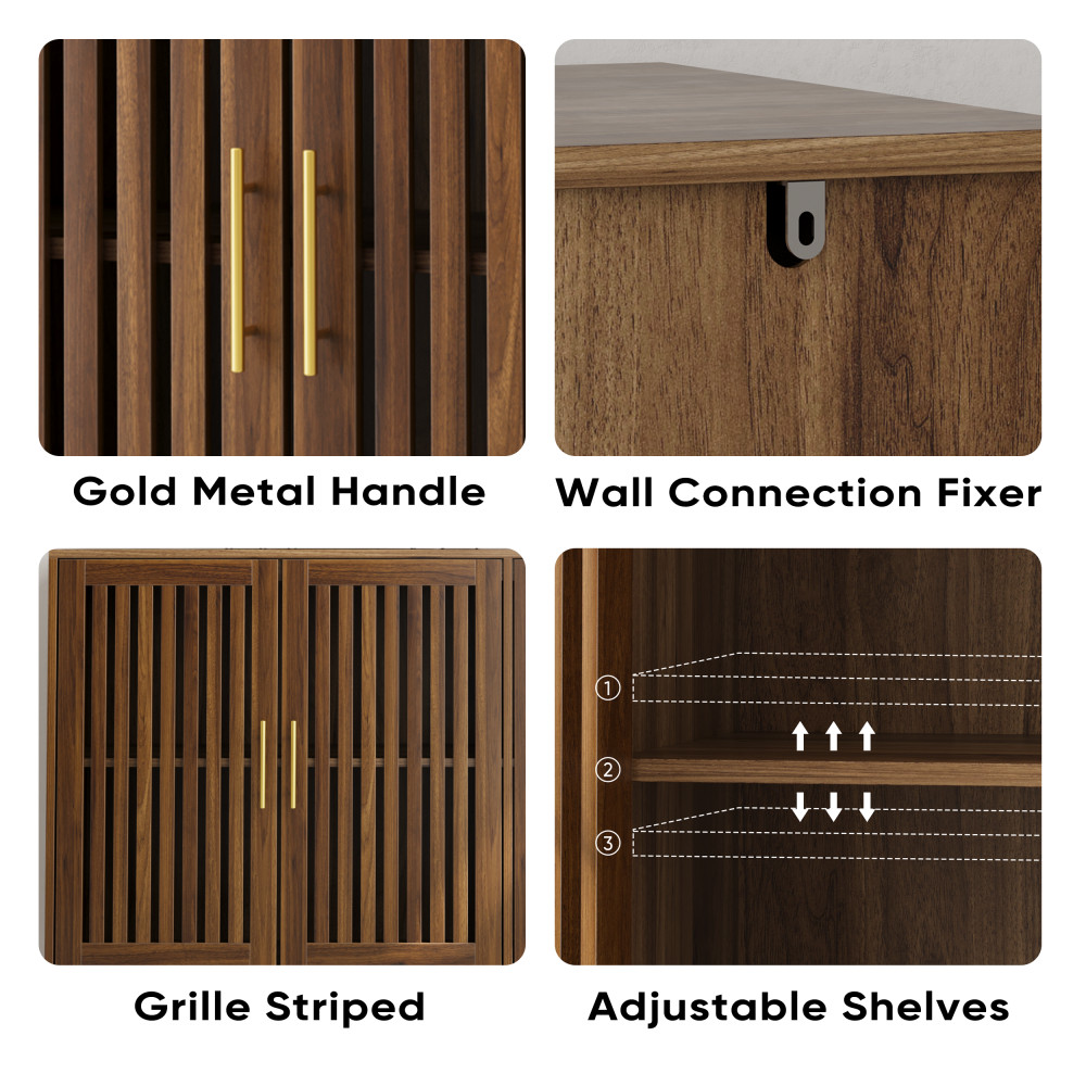 Walnut Grille Striped Sideboard 63" Buffet Storage Dining Cabinet