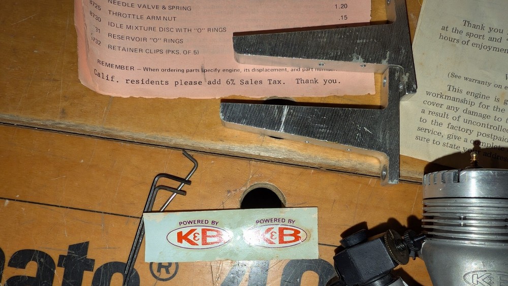 K&B #40 Model Airplane Engine with Perry carb , paperwork, etc + O/B