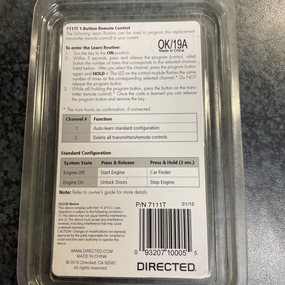 Directed 4X05 4XO5 1-Button 7111T Remote Control Replacement Transmitter NEW