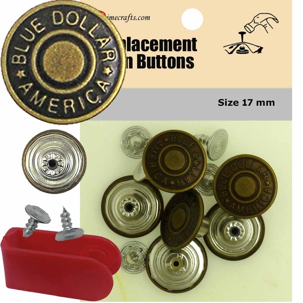 17mm brass jean tack buttons CT. 6 w/Tool - Replacement button for Levis!