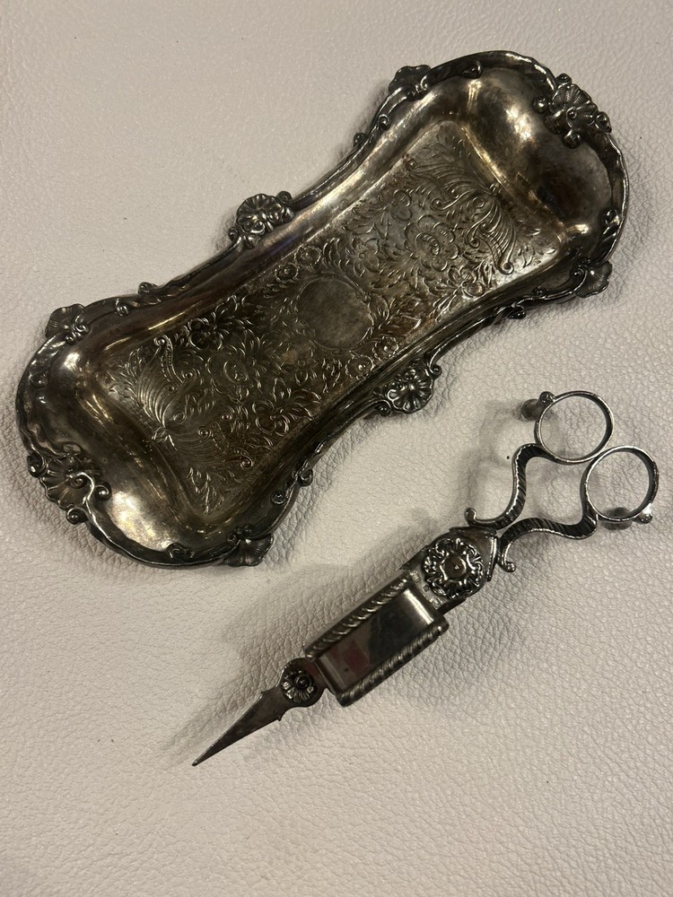 Antique Victorian Signed Gilbert Silverplate Footed CANDLE Wick SNUFFER & Tray